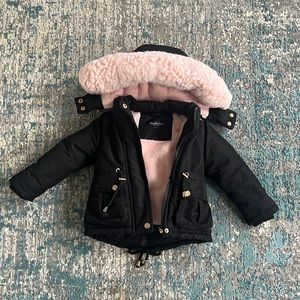 💗 12 Months/1 Year Old Girl 💗Pink Faux Fur Lined Coat with Gold Hardware